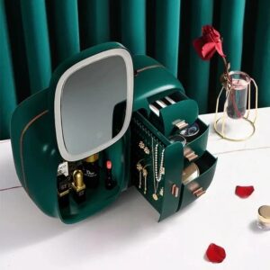 Modern Makeup Storage Organizer Box with Light Mirror – Cosmetic Display Rack with Drawer for Skincare & Beauty Products