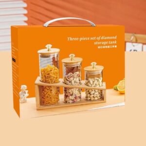 Borosilicate glass jar set with Diamonds Sealed Bamboo lids and Wooden stand