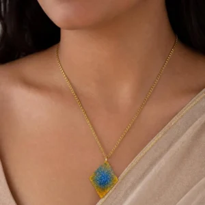 Handmade Blue & Gold Geometric Pendant Necklace – Elegant Statement Jewelry