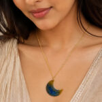 Handmade Blue & Gold Crescent Moon Necklace – Celestial Statement Pendant