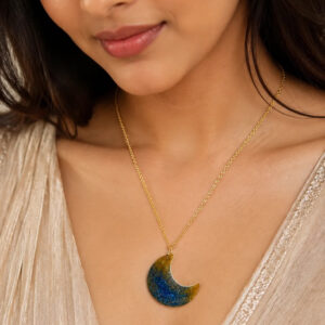 Handmade Blue & Gold Crescent Moon Necklace – Celestial Statement Pendant